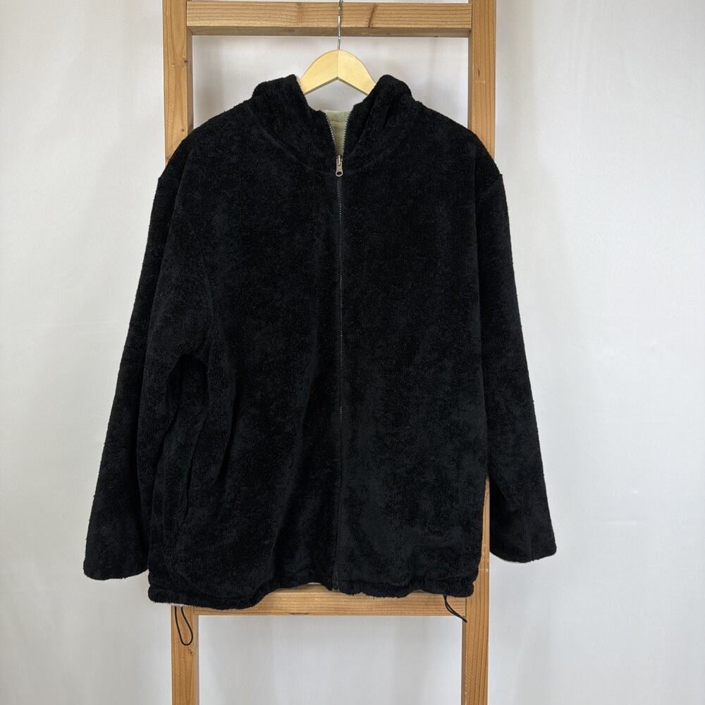 Early Winter Solid Black Reversible to Green Print Fleece Jacket Womens Large